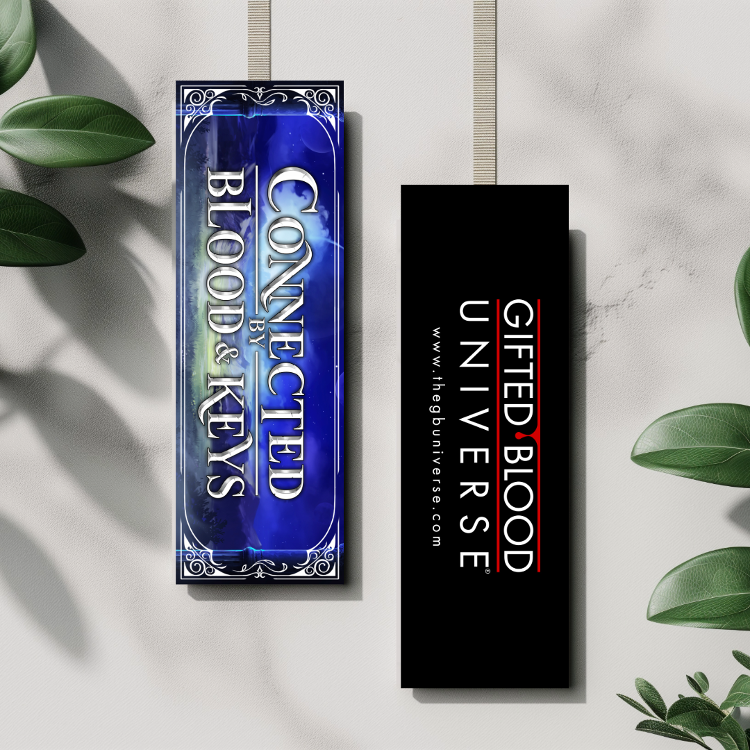 Silver foil bookmark for the book Connected by Blood & Keys, 2 by 6 inches, shown on a book cover
